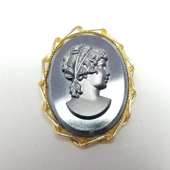 Vintage Cameo Portrait Woman Profile Brooch Pendant, Gold Tone Setting, Estate - Picture 2 of 6